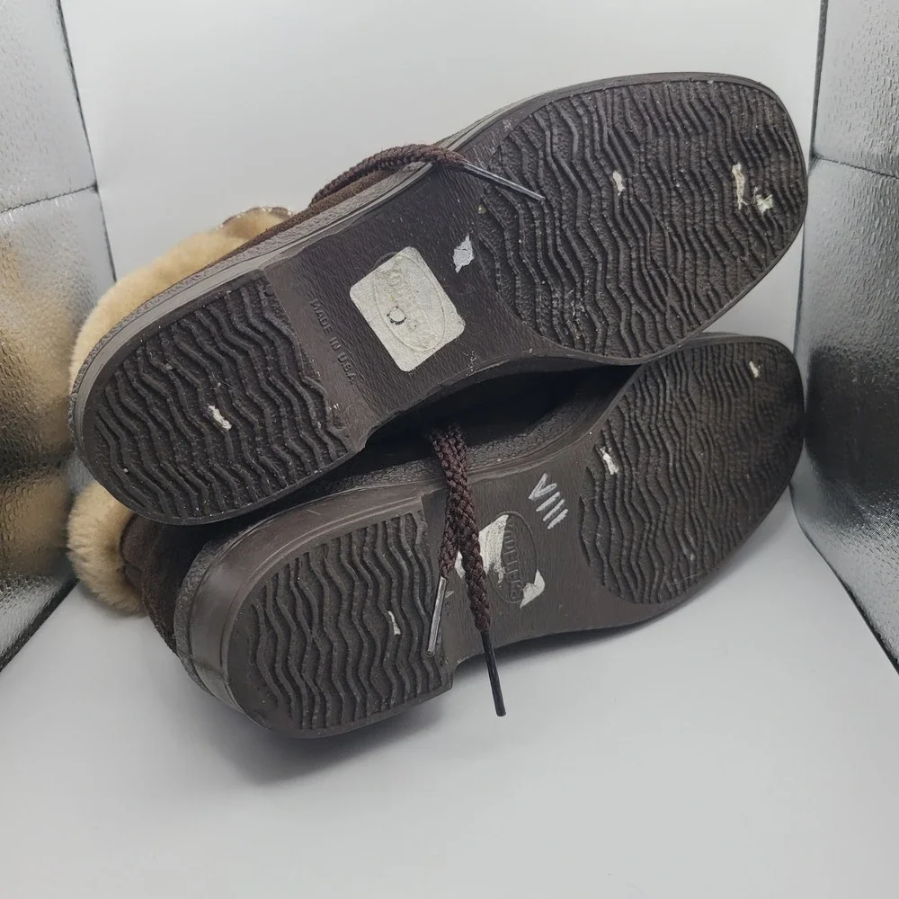 Yodeler Womens 8 Leather Boots Vintage USA Brown Faux Fur Trim Winter Snow Shoes